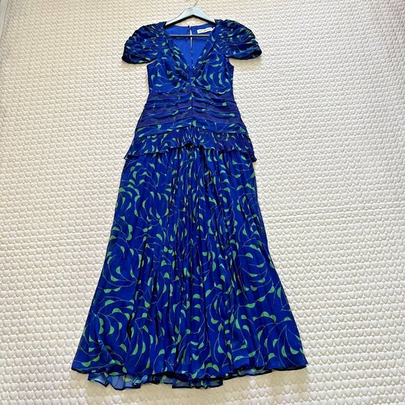 NWOT Self Portrait Blue Crescent Chiffon Midi Dress Cut Out Back Ruffle Size 6 - Picture 2 of 13